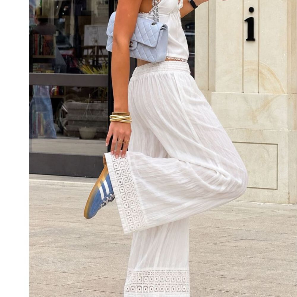 JM Collection White Embroidered Boho Pants Size S Smocked Waist Wide Leg Resort